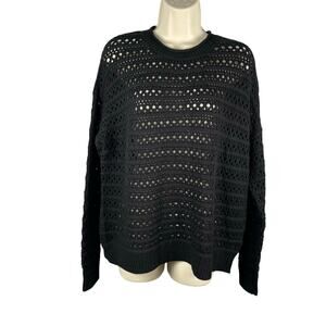 J Brand Sweater Womens Medium Black Crochet Knit Merino Wool Rolled Crew Neck
